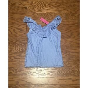 Lilly Pulitzer Women's Blue Alessa Flowing Leaf Lace Ruffle Collar Tank Top Sz M